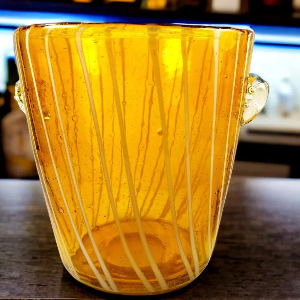 Murano Italian Ice Bin Venini for Disaronno, Handblown Art Glass, Amber & White